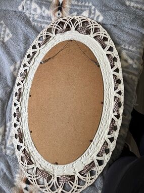 Ornate White Oval Wall Mirror with Brown Plaid Ribbon